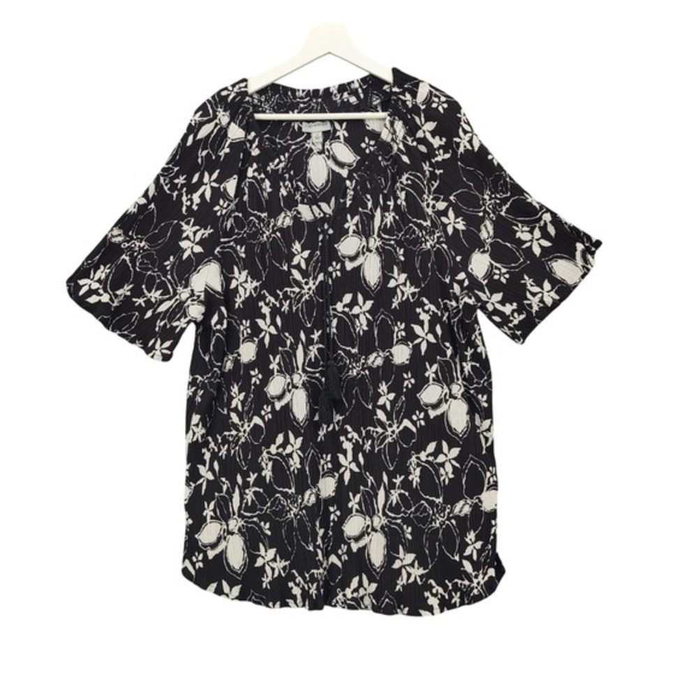 Catherines Womens Boho Cottagecore Floral Blouse 3X Black White Cotton Tassel